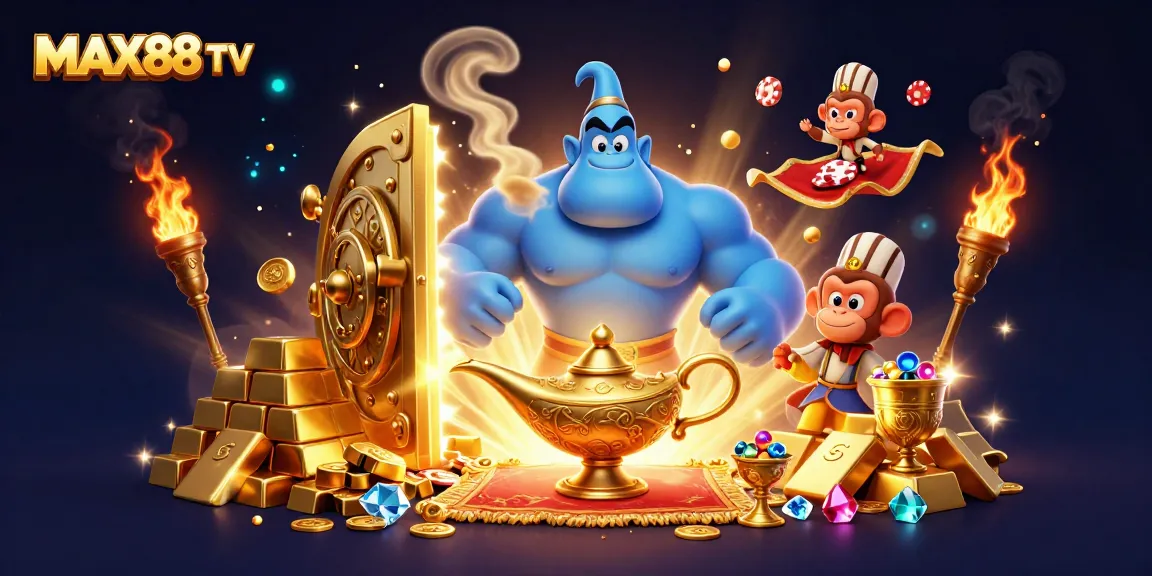 Engage with MAX88 TV's vibrant casino adventure featuring a genie, monkey, and treasures.