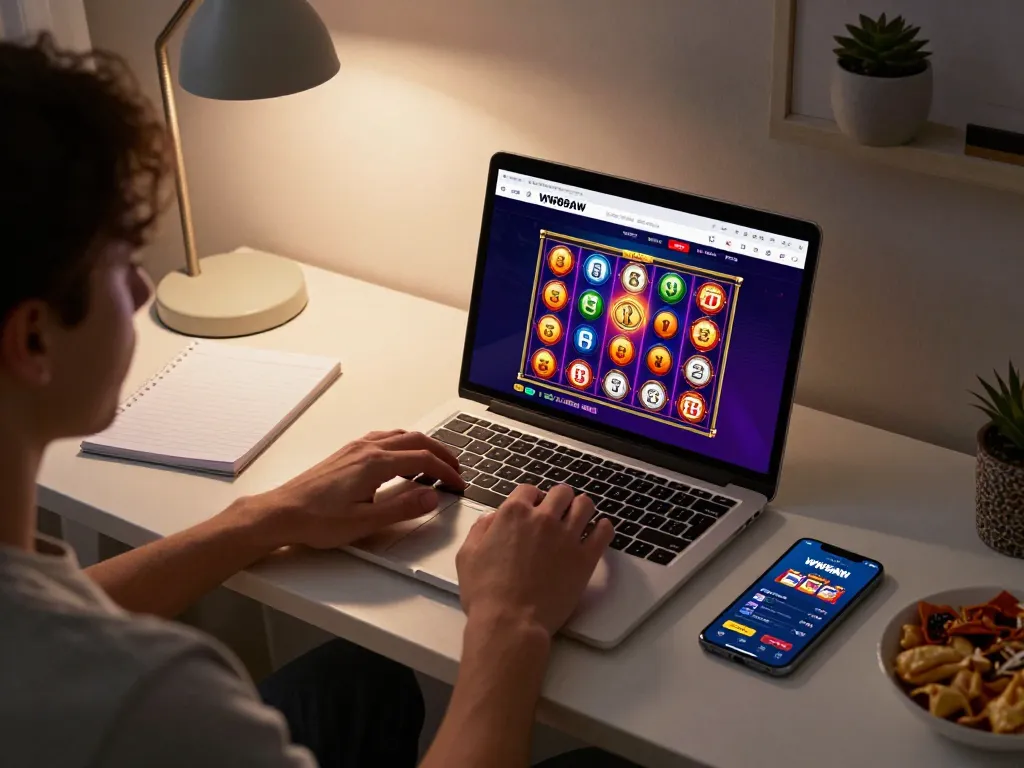 Engaged player using the WW88AW platform for online slots at home, showcasing a modern gaming setup.