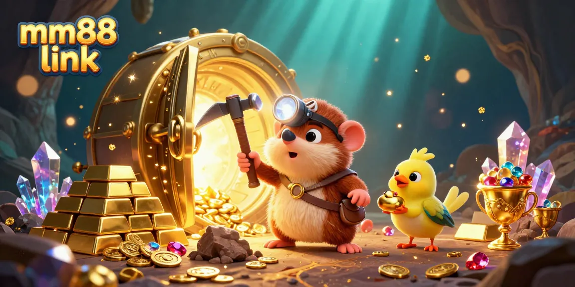 Experience the thrill of MM88 link with a vibrant treasure hunt scene filled with gems and gold.