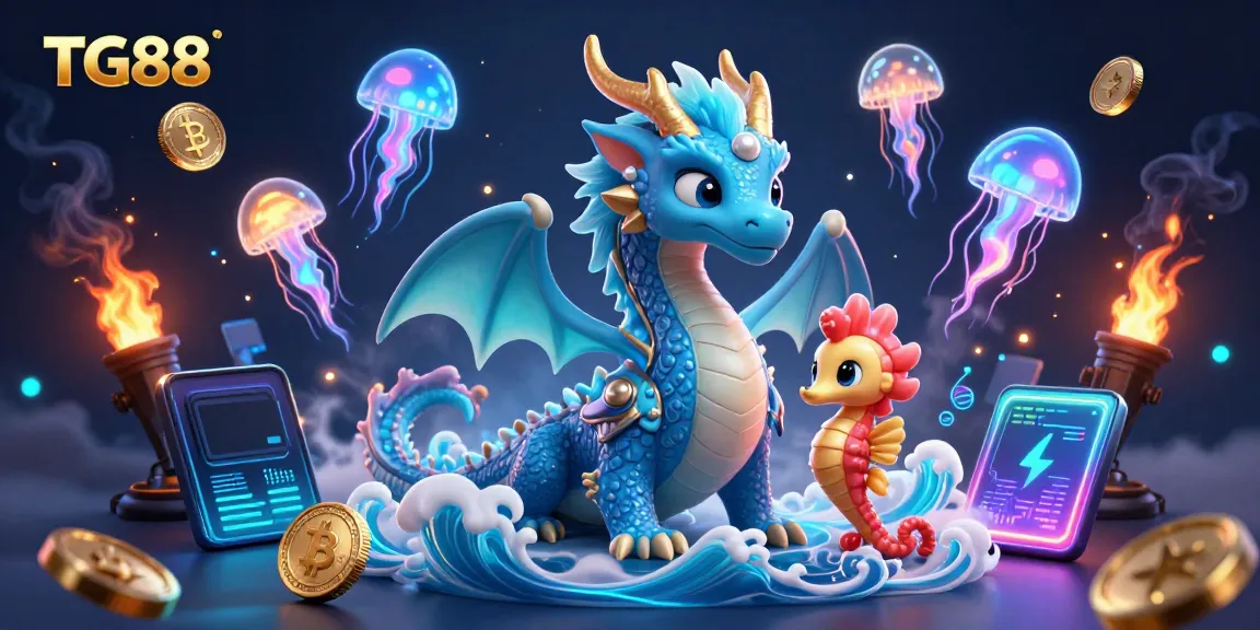 Engage with TG88's exciting world of online gambling featuring a dynamic scene with a dragon and seahorse knights.