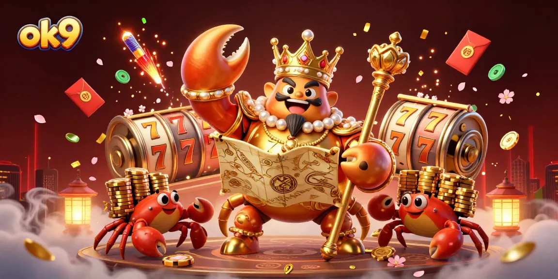 Engage with exciting ok9 gaming adventures featuring a golden crab emperor, vibrant slot reels, and festive elements.