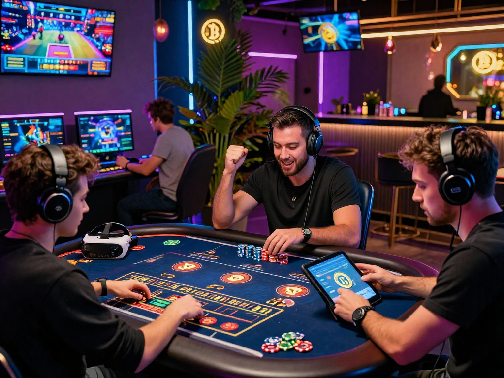 Exciting crypto casino scene showing players engaged in live dealer games with vibrant atmosphere and advanced technology.