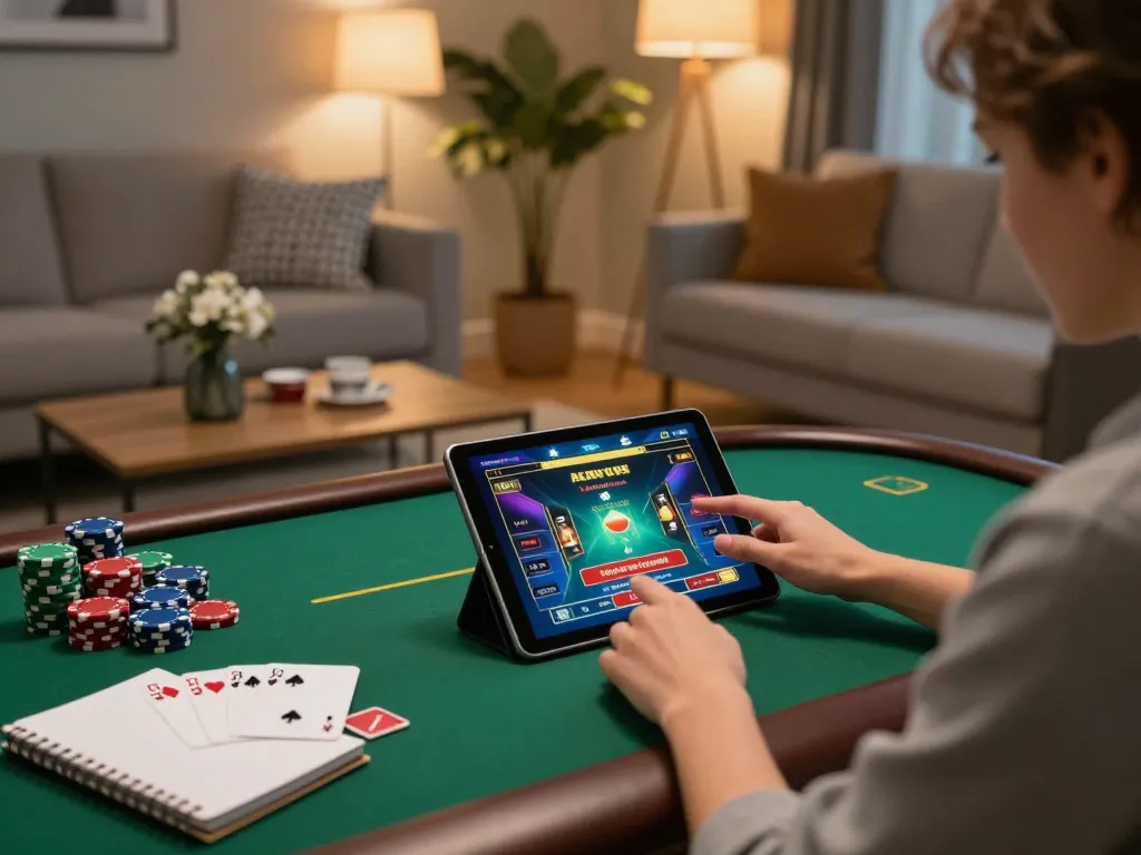 Engaging with the xin88 com casino app on a tablet in a cozy home setup, showcasing responsible gambling.