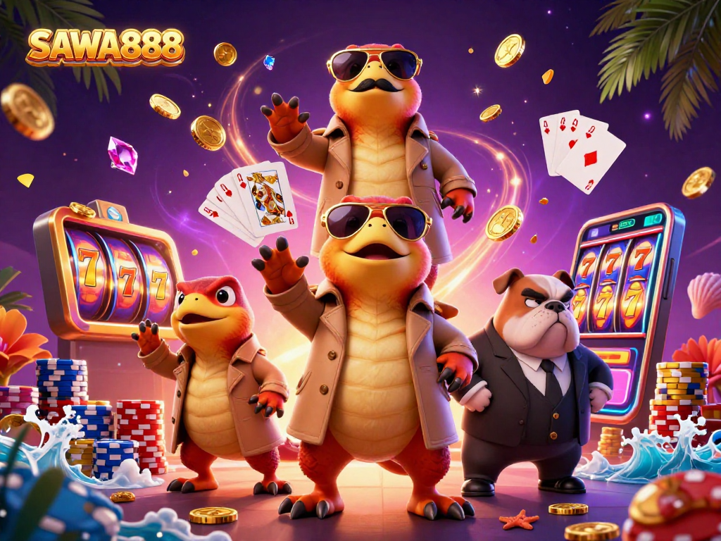 Experience the excitement at SAWA888 with raptors in a trench coat entering a casino, surrounded by winning symbols.
