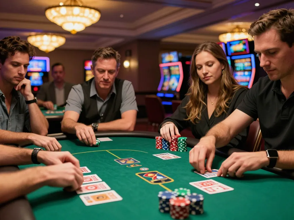 TX88 players strategizing in an intense poker game at a vibrant casino table.
