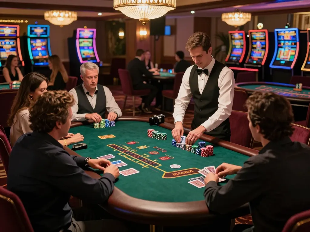 Baccarat players engaging with a dealer at the elegant alc88 casino, capturing a moment of strategic gameplay.