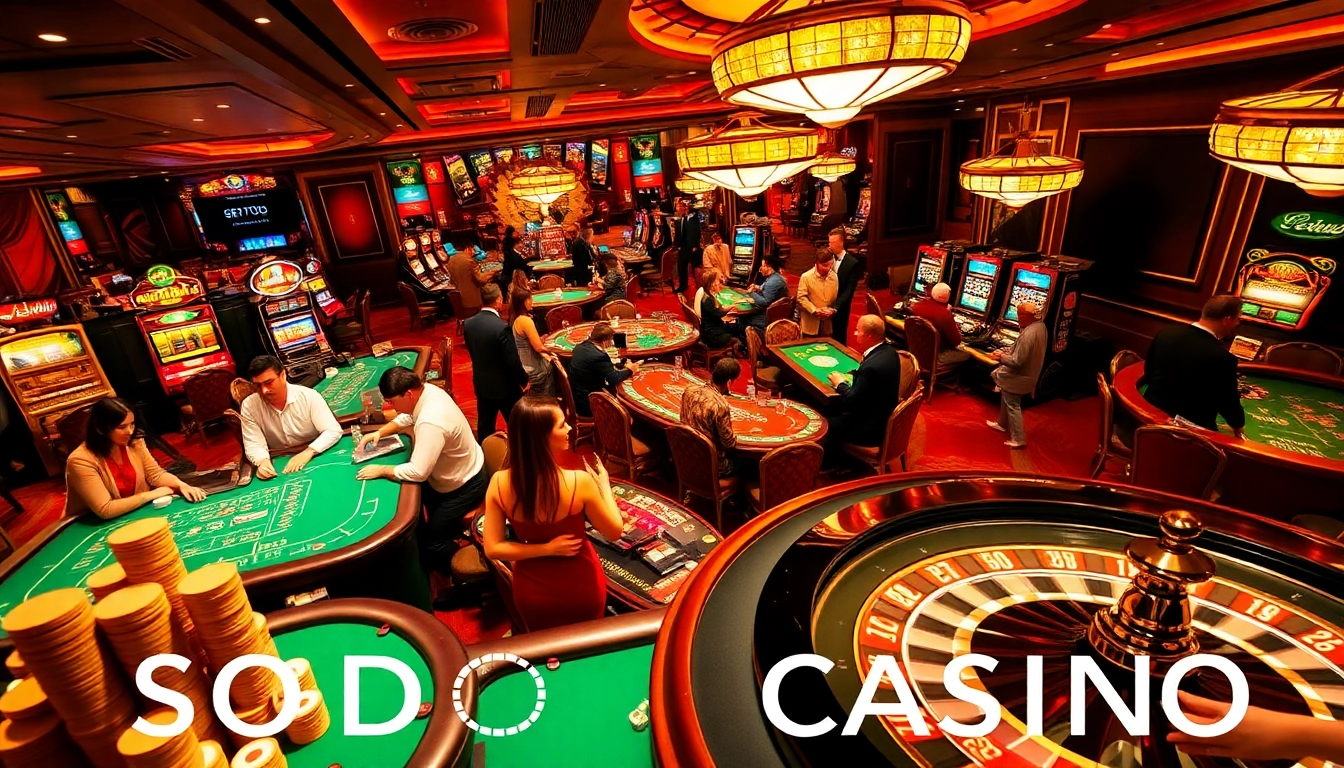 SODO CASINO players engaging in poker and blackjack at a luxurious casino table.