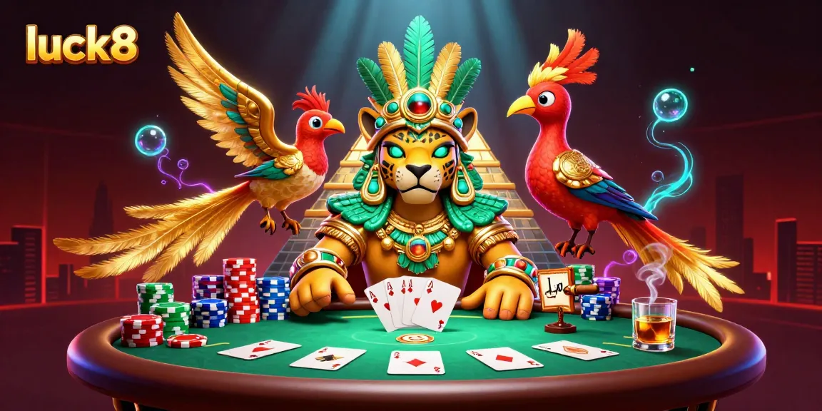 Experience thrilling poker action with luck8 featuring vibrant Mayan characters and lush casino elements.