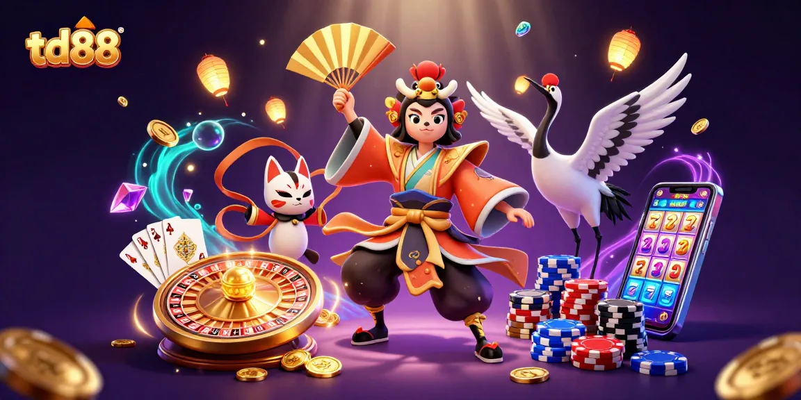 Win big with td88 as a kabuki warrior and kitsune in a vibrant casino scene.