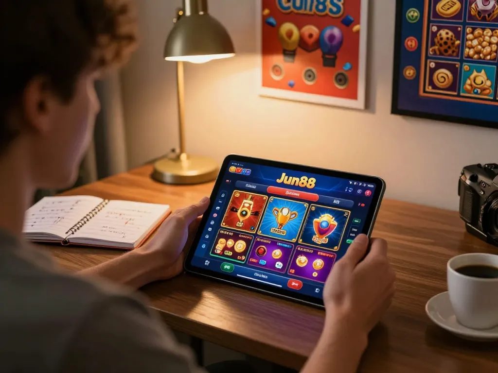Engaging moment of a player using the Jun88 app for online casino gaming at home.