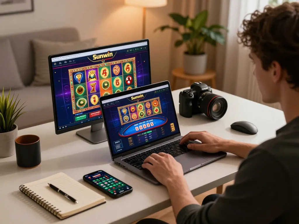 Engaging with Sunwin online gaming platform for strategic betting insights on itwshow while surrounded by a well-organized workspace.