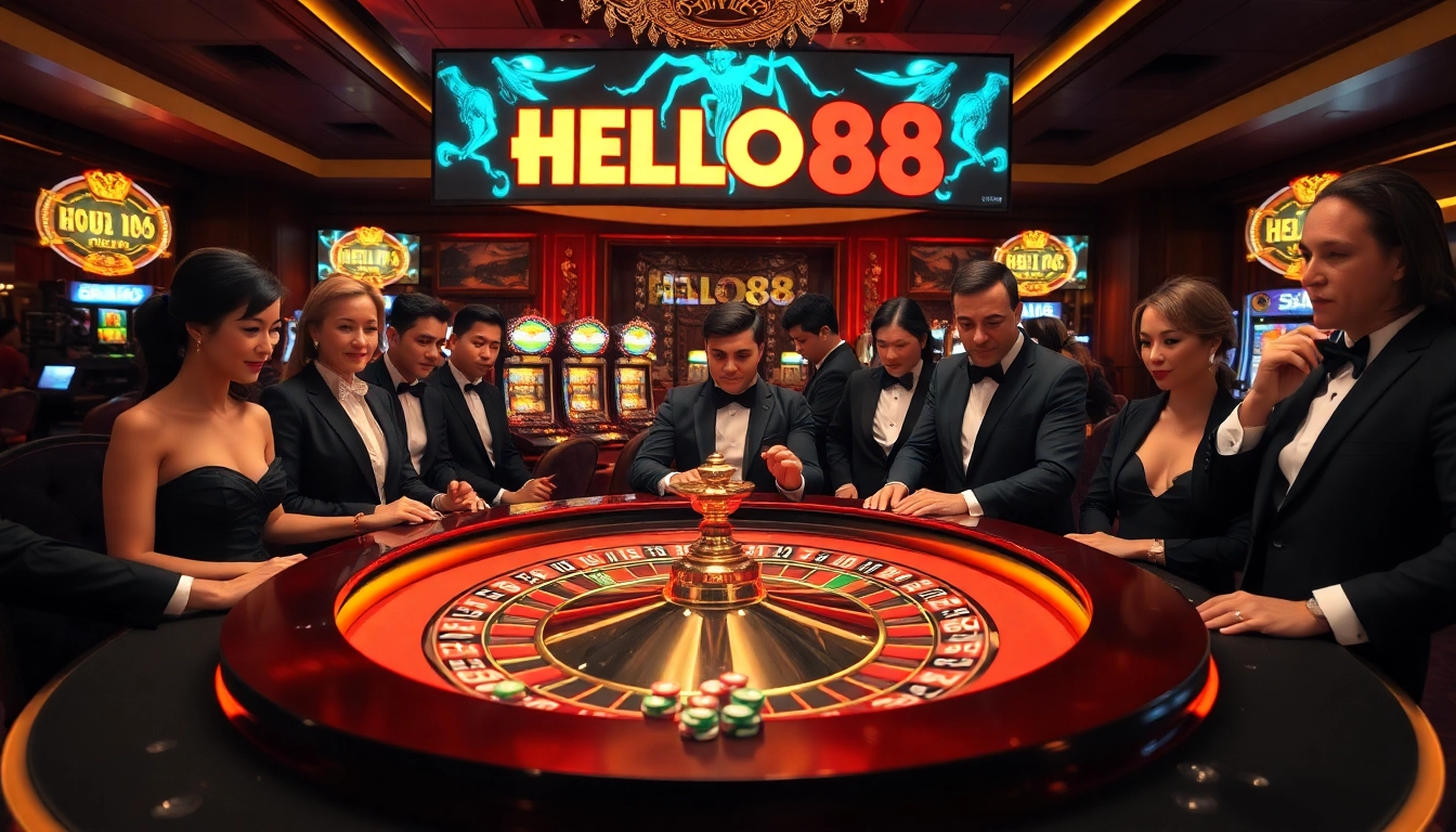 Experience the excitement of HELLO88 with vibrant casino gaming, chips, and roulette tables.