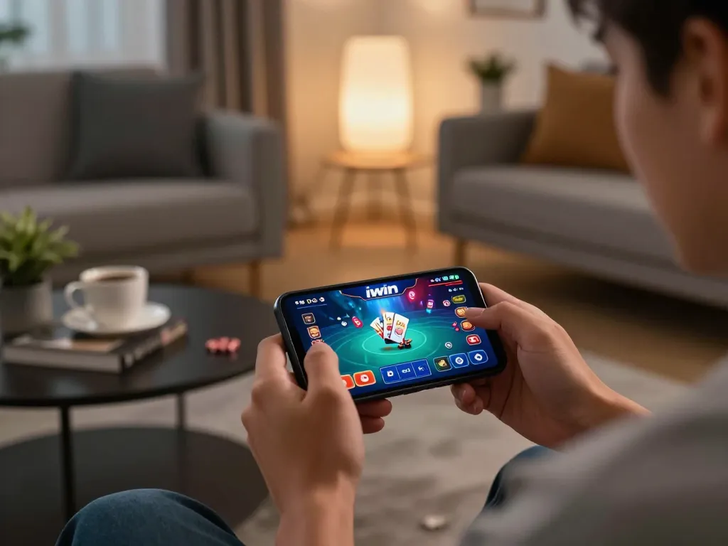 Mobile gaming with the iwin club app interface showcasing dynamic gameplay features in a contemporary living room.
