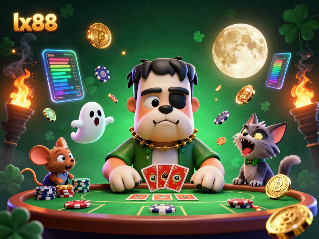 Engage with lx88 through an exciting casino scene featuring a monster dealer and vibrant casino elements.