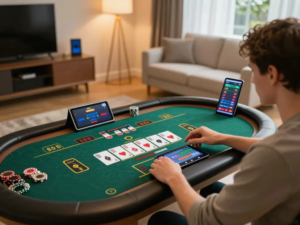 Player enjoying live dealer game at home on QQ88 tablet, showcasing interactive online gaming
