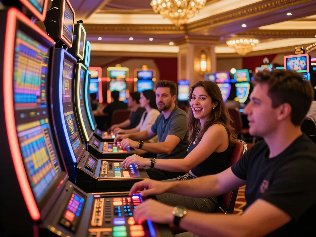 Players reveling at slot machines in an upscale casino showcasing Go8 excitement and luxury