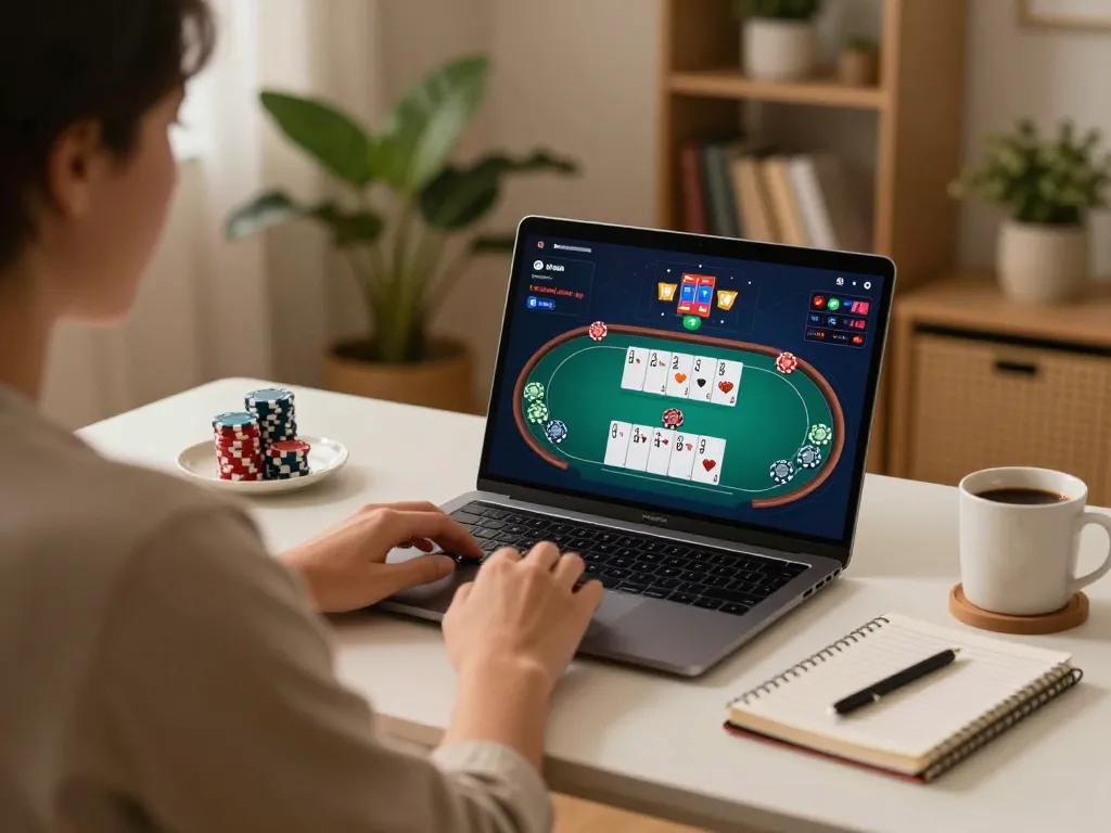 Engaging in online poker at home, gaming with KKWIN trang chủ for strategic play and fun.