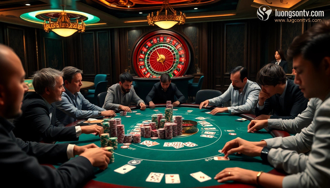 Experience thrilling gameplay at https://luongsontv5.com/ with an elegant poker table setup, colorful chips, and engaged players.