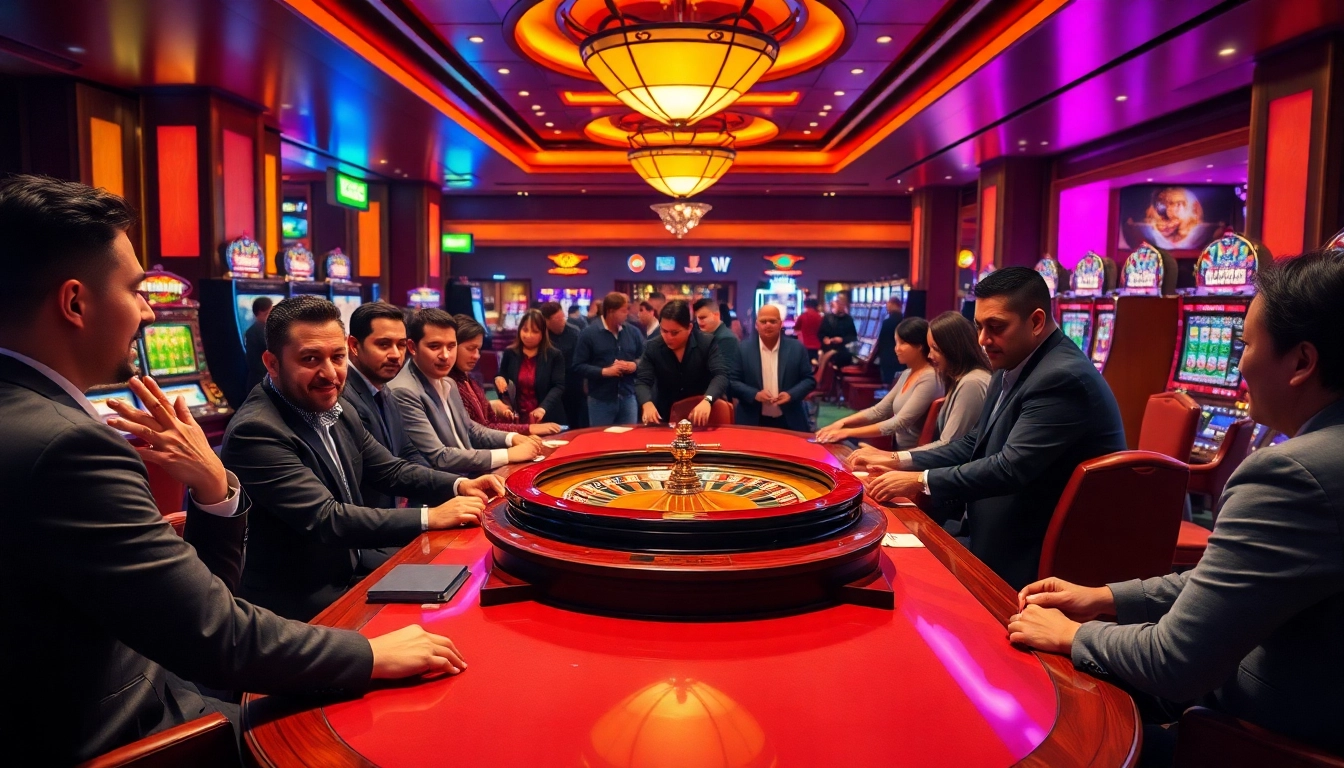 Exciting moment at Trang chủ OXBET with players enjoying poker and roulette in a luxurious casino setting.