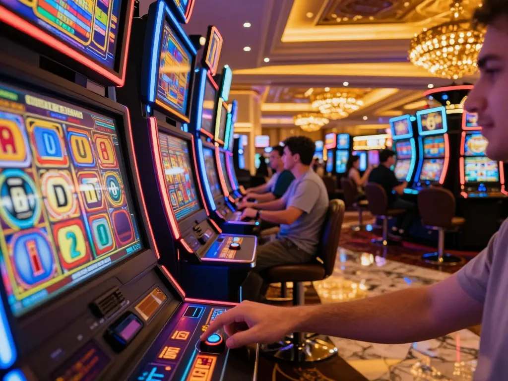 Engaging players spinning slot machines at a vibrant Vegas casino, showcasing sunwin gaming excitement.