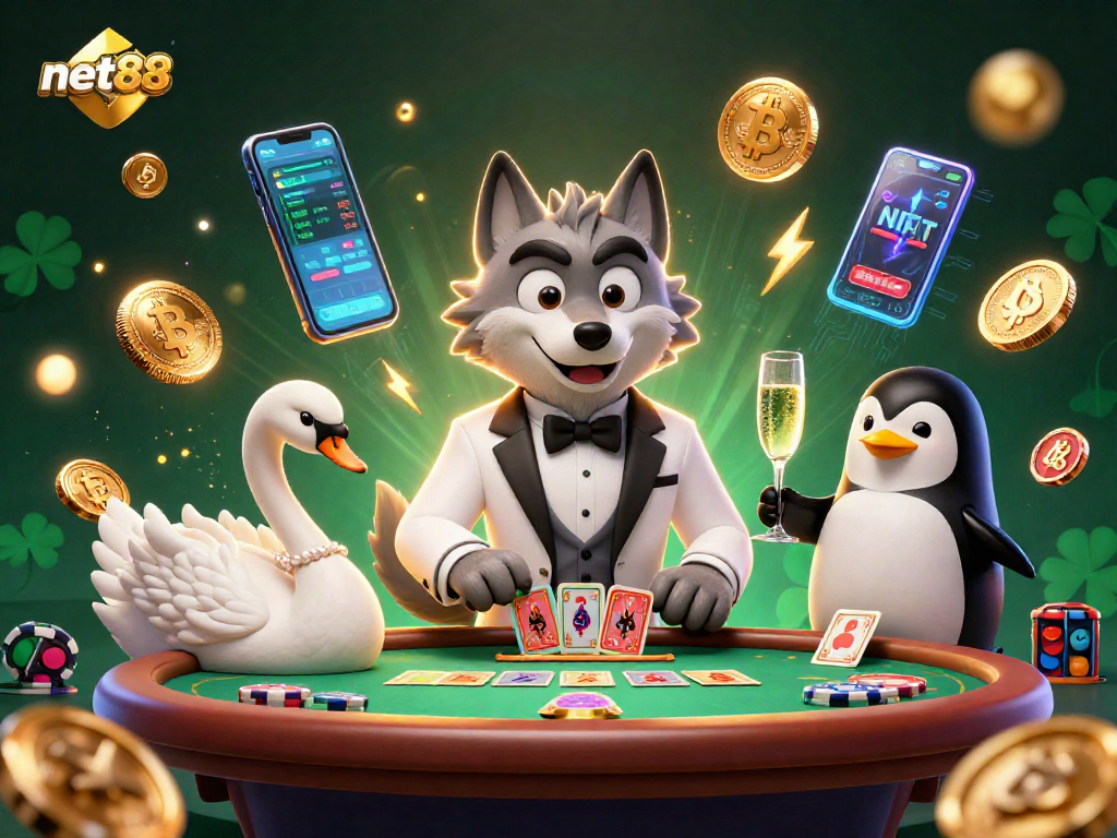Engage in thrilling baccarat action with net88's vibrant online casino featuring stunning characters and crypto elements.