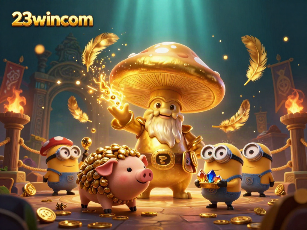 Experience the magic of gambling with the whimsical 23wincom golden wizard and treasure-seeking characters.