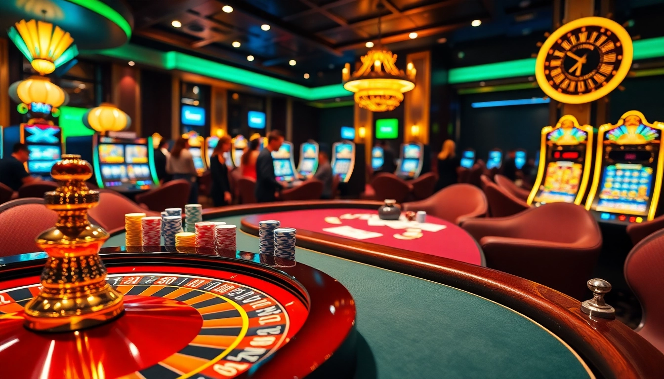 Engage with the thrilling atmosphere of the hit club, showcasing a vibrant poker table and slot machines.