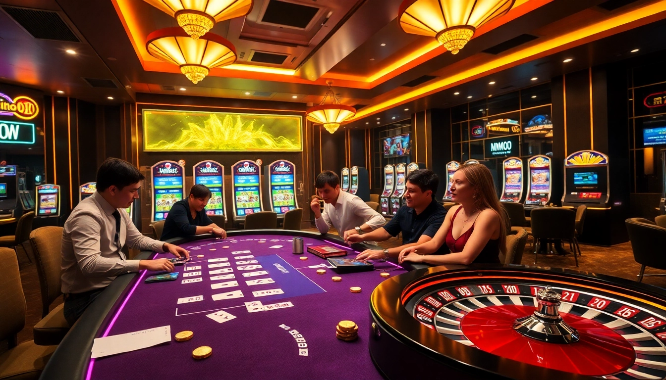 Experience the excitement of mmoo with players at an elegant casino table spinning for big wins.