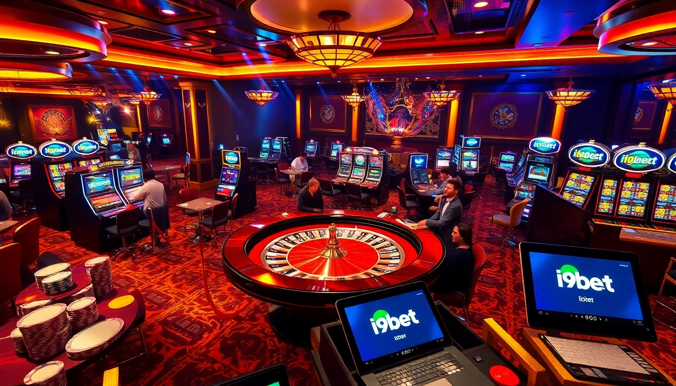 Experience the excitement of gambling at i9bet with a vibrant casino scene featuring roulette and slot games.