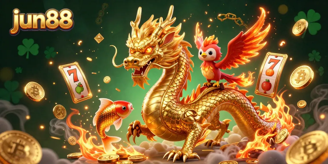 Experience thrilling slot games and crypto action with jun88's 3D gaming scene featuring a dragon and phoenix.
