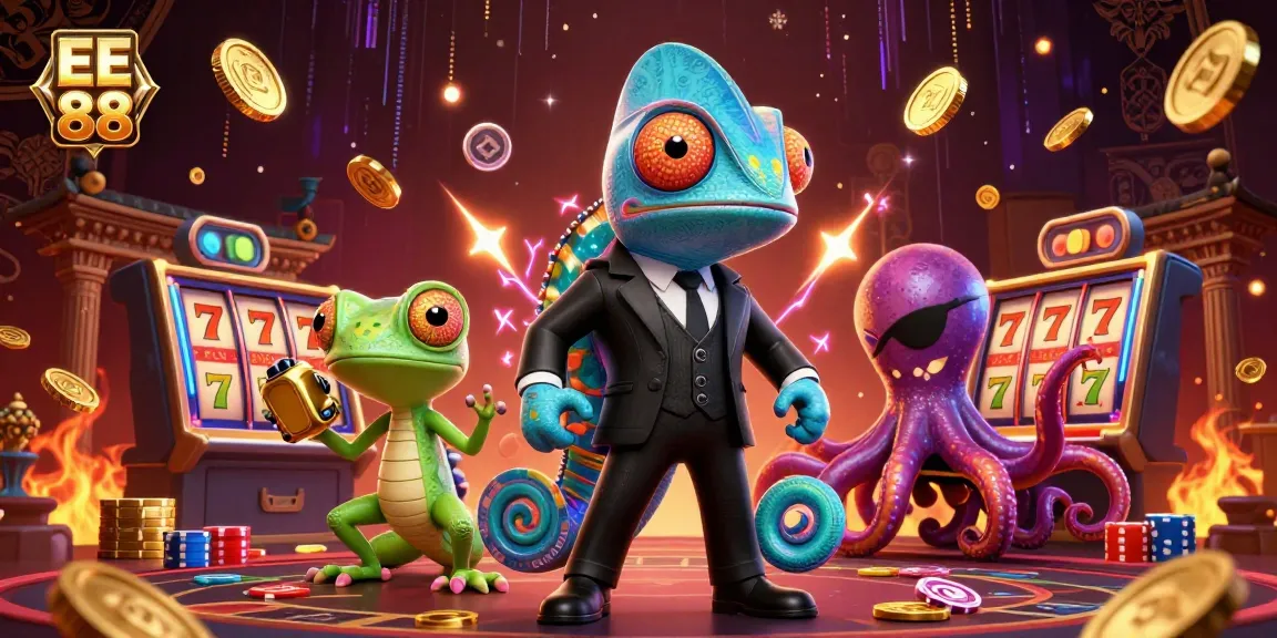 Engage with EE 88's vibrant casino scene featuring a dynamic chameleon, tech gecko, and octopus amidst thrilling game elements.