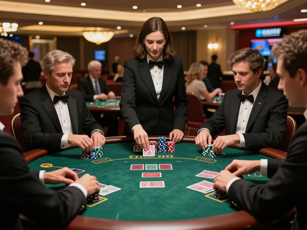 Players engage in an exciting blackjack hand at 33win casino, showcasing chips, cards, and intense focus.