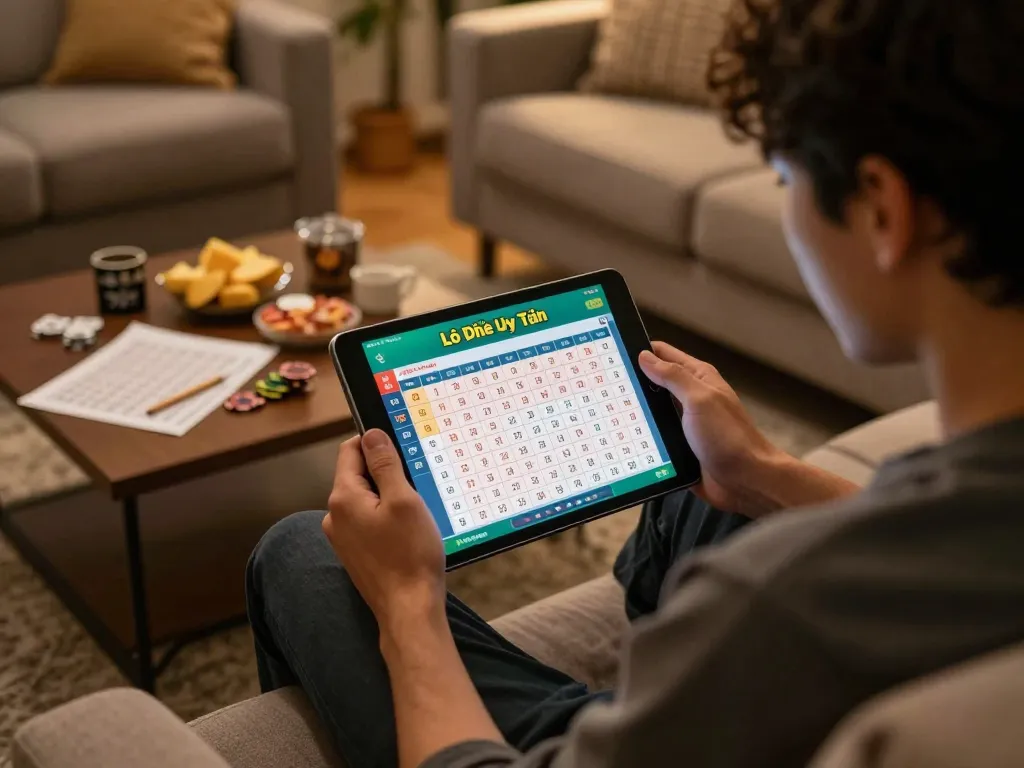 Lô Đề Uy Tín online gaming on a tablet in a cozy home setup, showcasing focused player interaction.