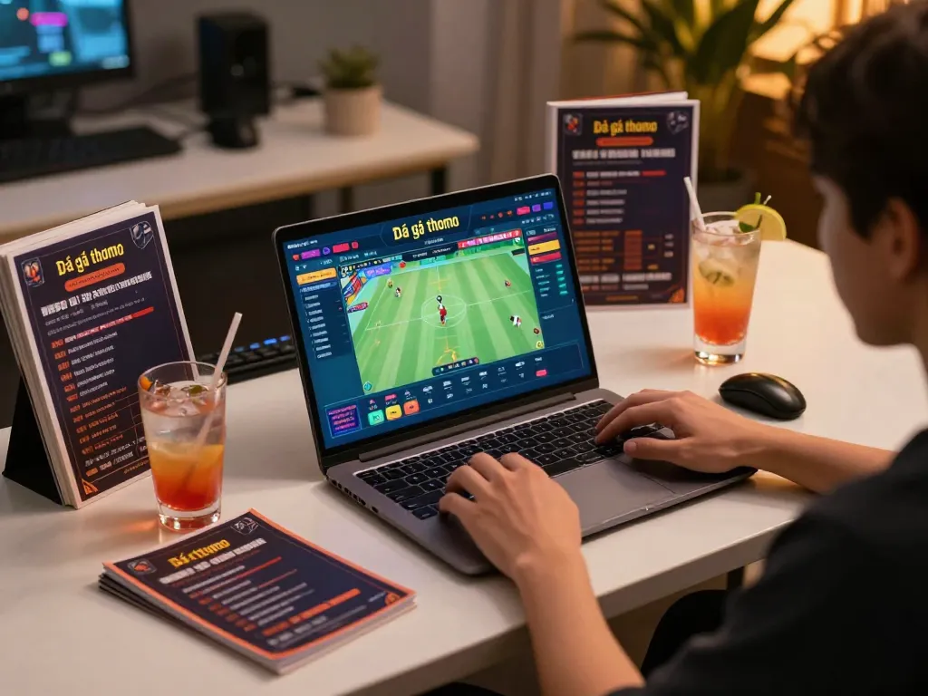 Engaging in Đá gà thomo betting strategy during live match, showcasing a modern gaming setup.