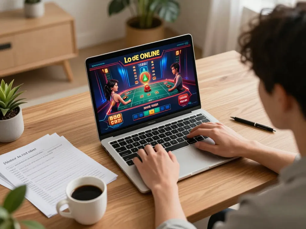 Engaging in lo de online betting with immersive graphics on a laptop, featuring a cozy home gambling setup.