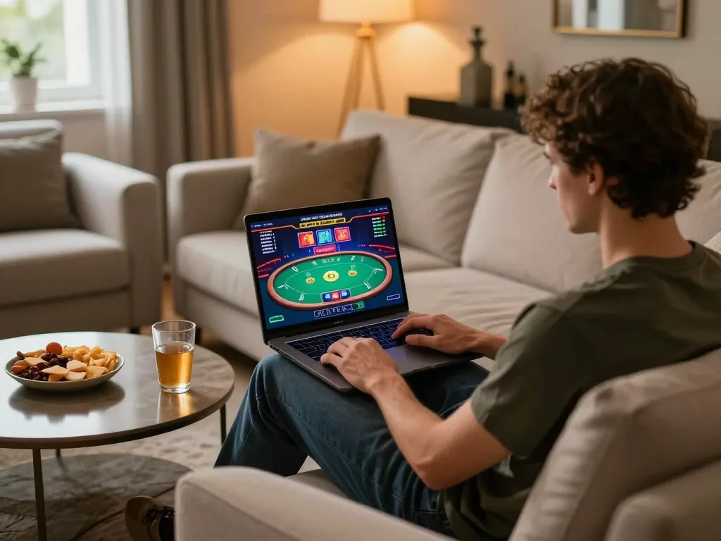 Engaging in an online poker game at home with lv88 com on laptop, cozy atmosphere and stylish decor
