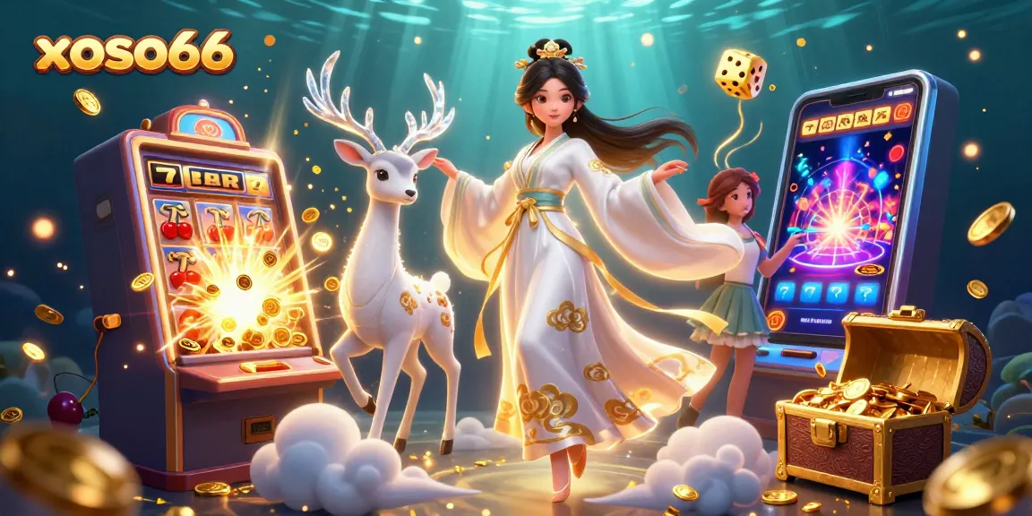 Engage in the thrilling experience of xoso66 with vibrant slots and jackpot elements in this captivating illustration.