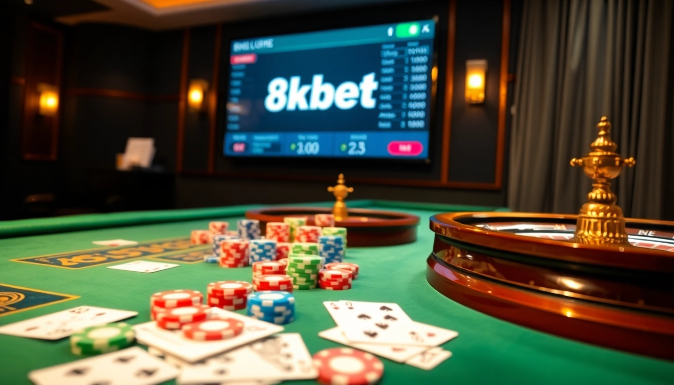 Engaging scene of 8kbet online gaming with poker chips and vibrant casino elements.
