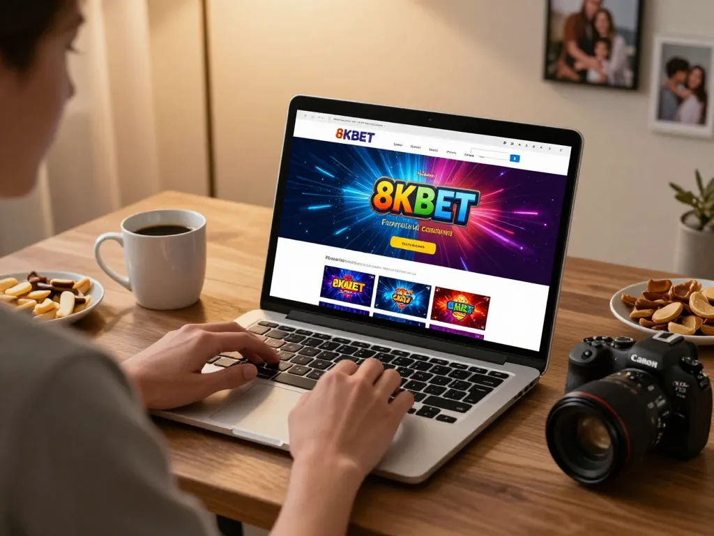 Engaging with the 8KBET casino interface at a cozy home setup, showcasing responsible gambling.