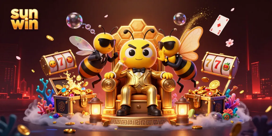 Experience thrilling wins with sun win as the cartoon bumblebee mob boss presides over a lavish casino scene.