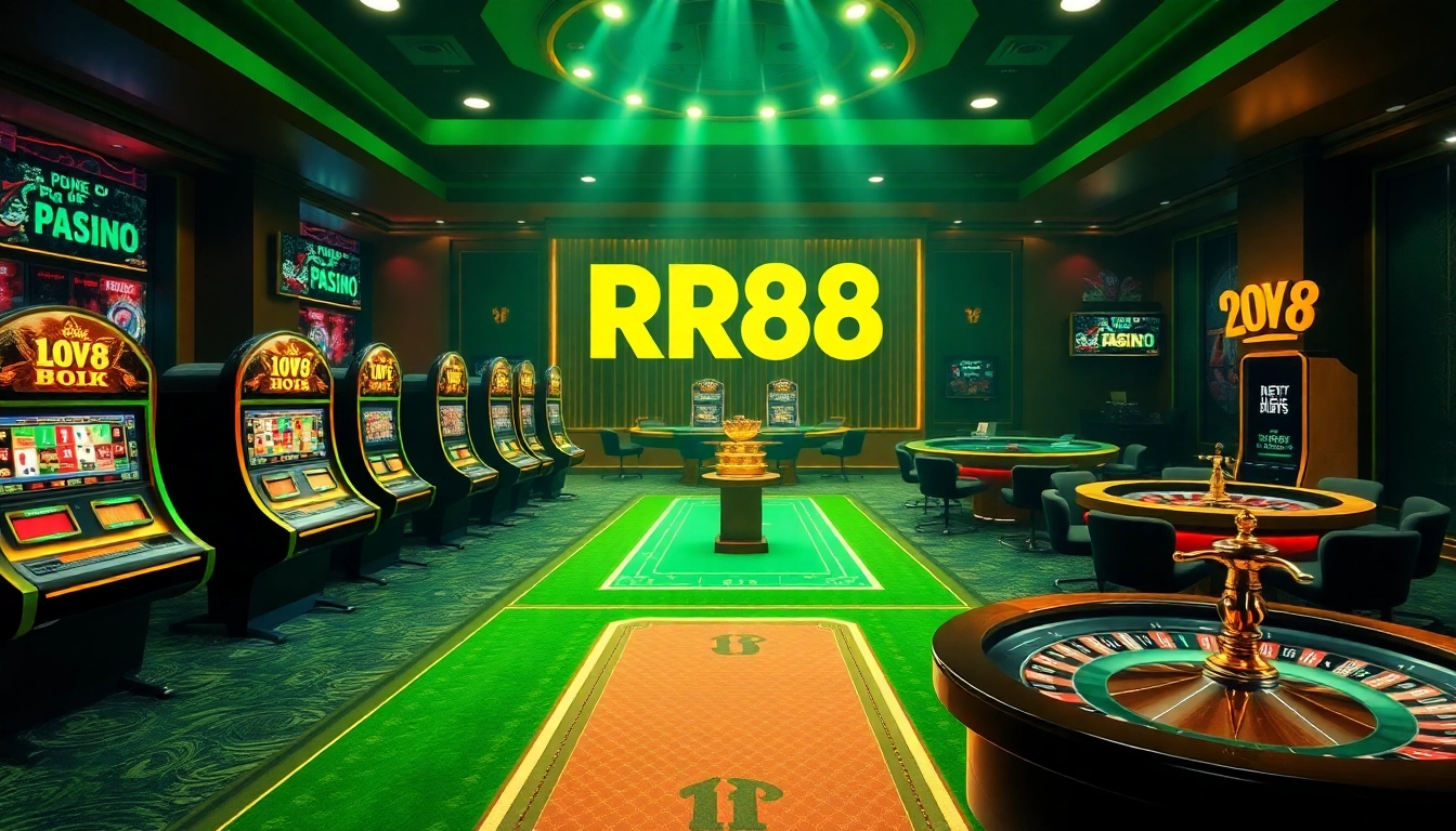 Experience RR88 Trang Chủ online betting with vibrant casino elements like slots and poker tables.