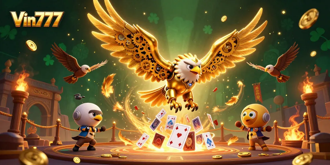 Experience thrilling games at Vin777 with a diving eagle and cascading cards in vibrant colors.