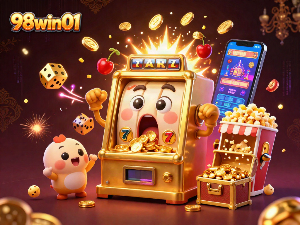 Engaging illustration of 98win01 casino scene showing golden slot machines hitting jackpots with coins bursting.