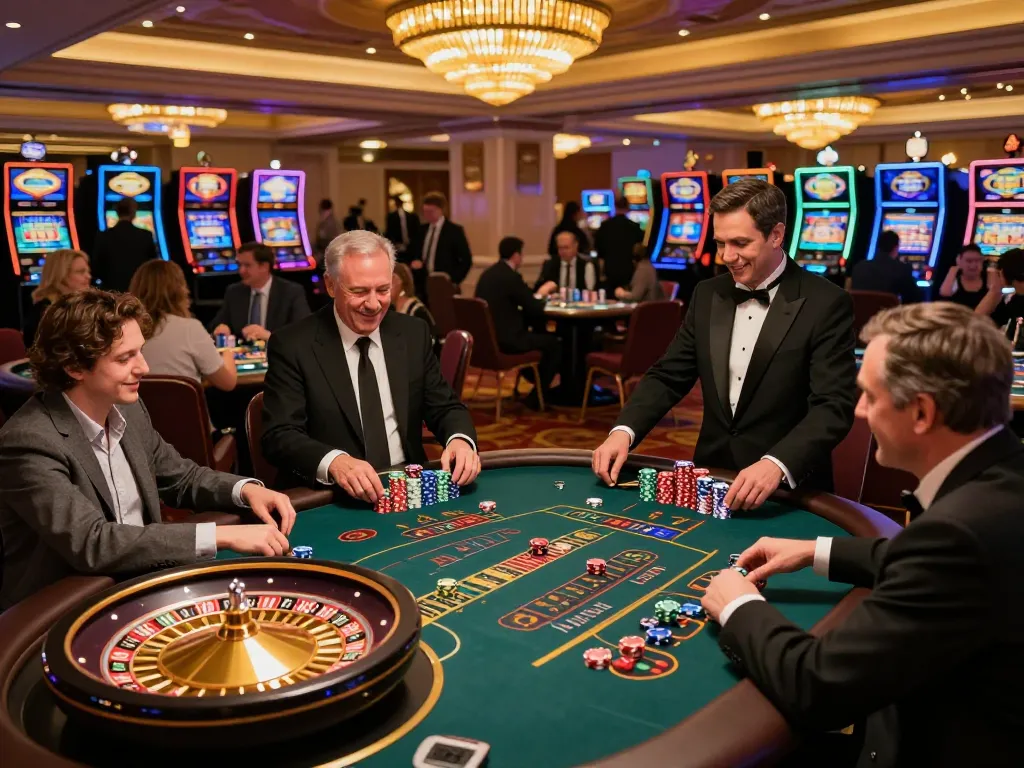 Players enjoying thrilling games at trang chủ 58win casino, with active card tables and vibrant atmosphere.