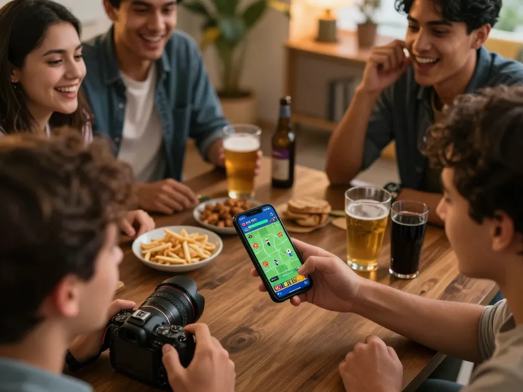 Friends engaging with the onbet app, excitedly planning their next sports bets at home.