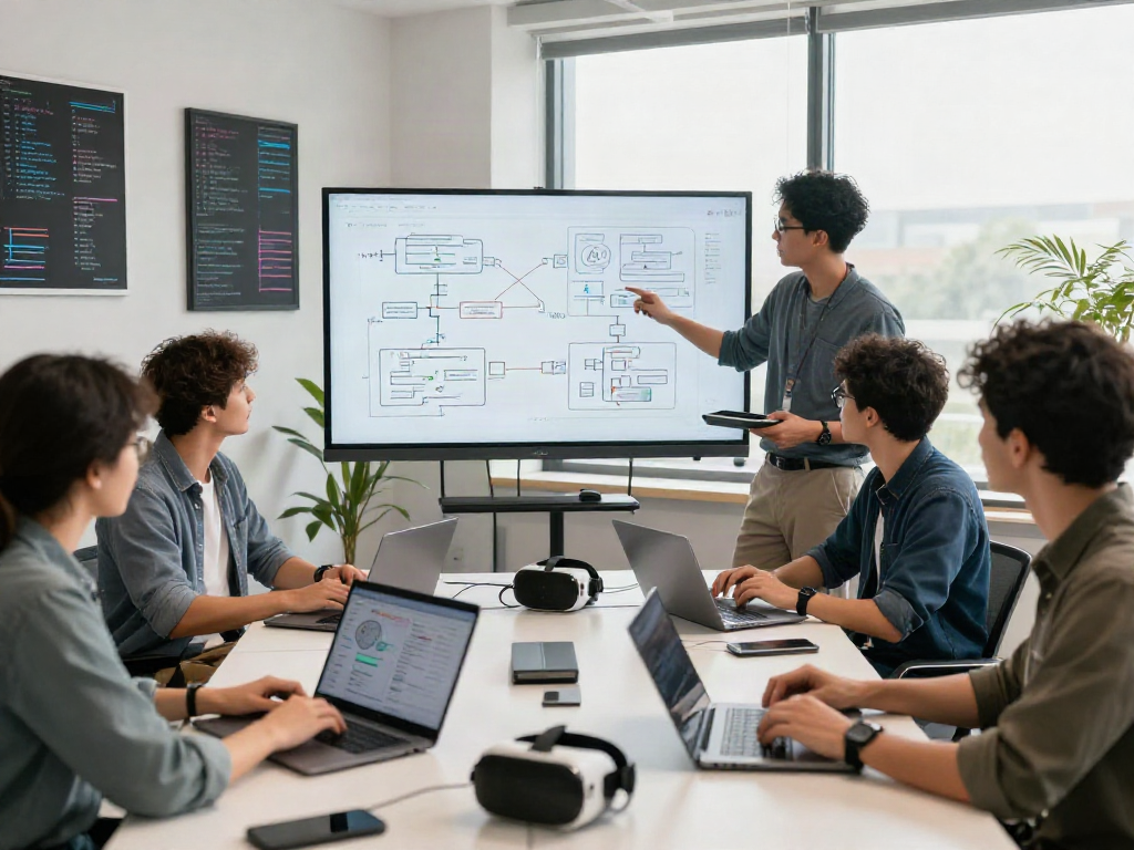 Team collaborating on innovative AI development projects in a bright tech workspace, focused on enhancing ia +18 experience.