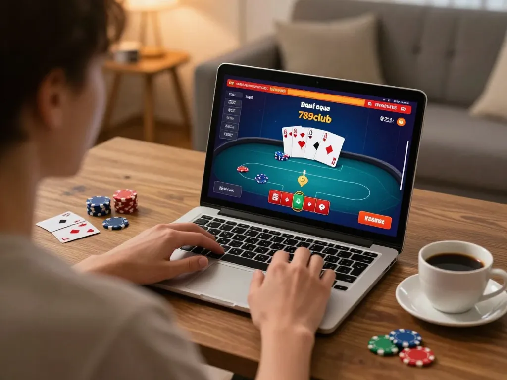 Engaging with live casino games at 789club from a cozy home office setting.