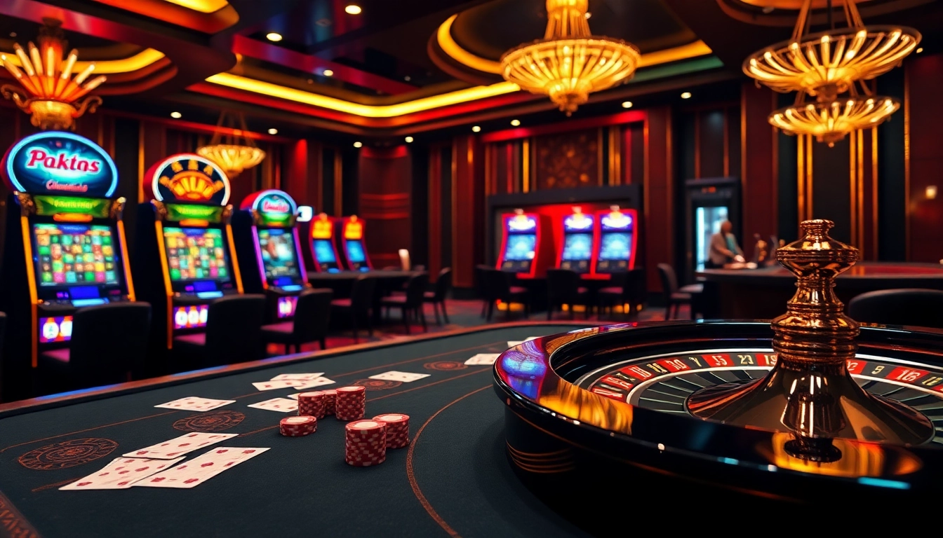 KK55 casino scene showcasing vibrant tables and slot machines in an exciting ambiance.