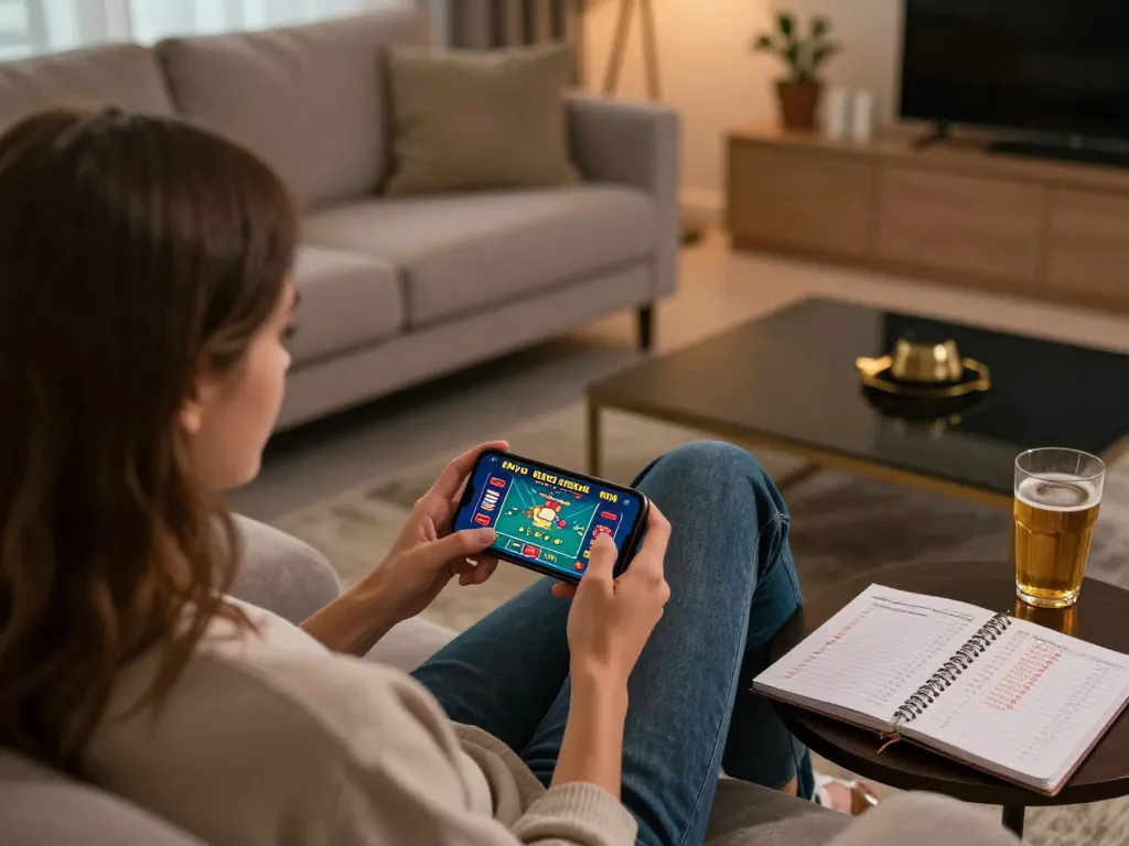 EE88 user enjoying live dealer games on smartphone surrounded by betting strategies in a cozy environment