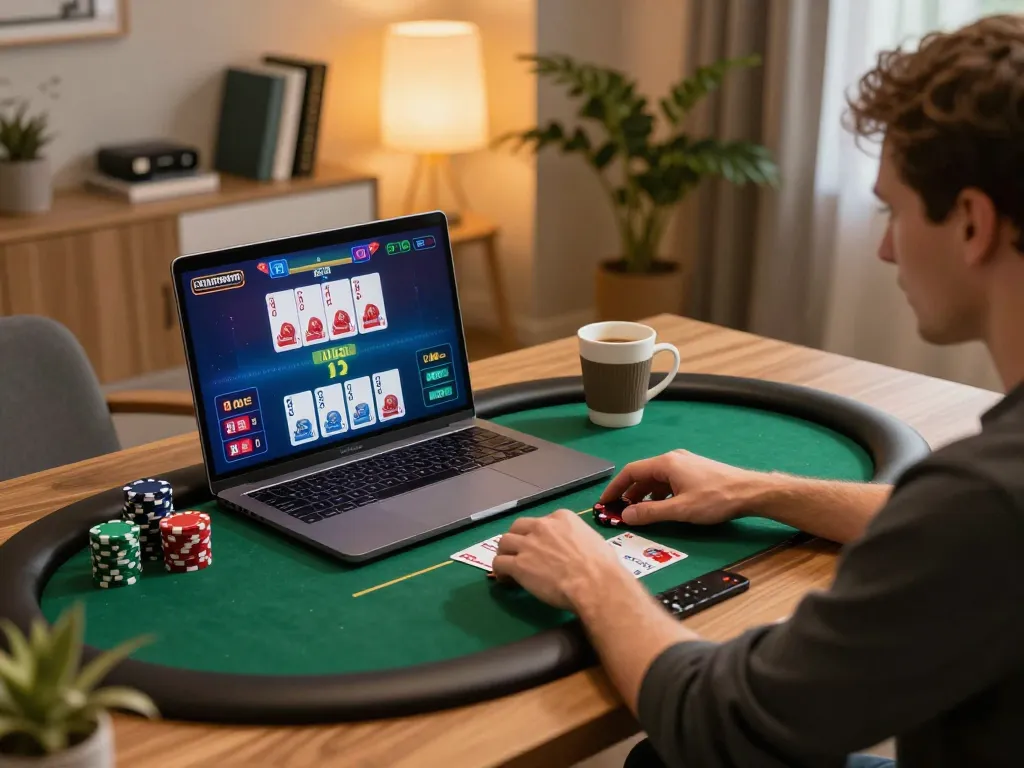 Nohu90 online gaming: active player engaging in poker game at stylish desk setup